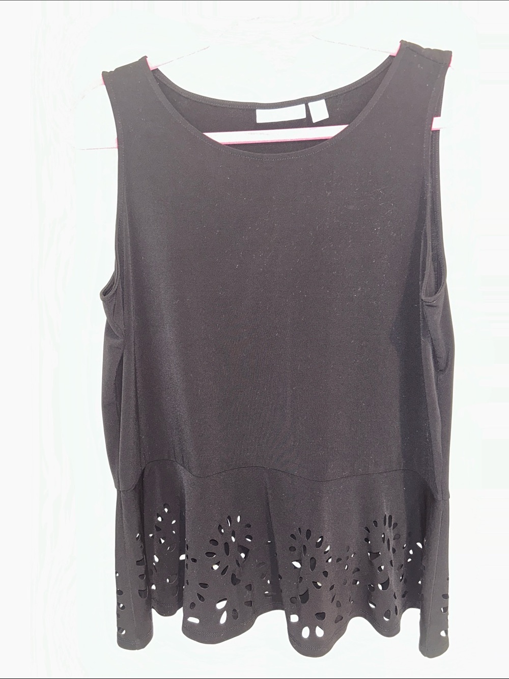 Susan Graver Liquid Knit Black Sleeveless Peplum Top with Laser-Cut Hem